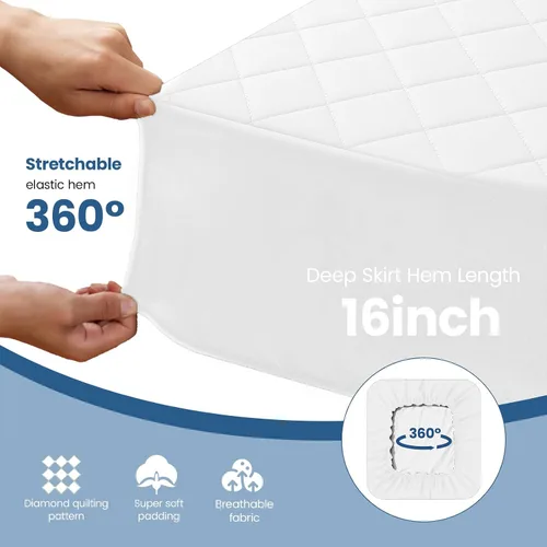Vista 4 de Protector de colchón matrimonial, protector de colchón impermeable ajustable hasta 16 pulgadas de profundidad, funda de colchón suave y transpirable