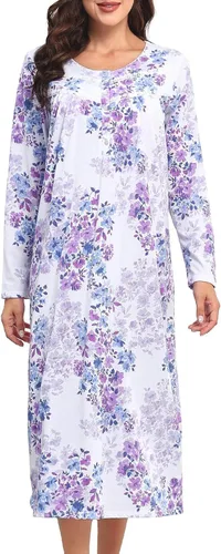 Vista 20 de Camisones largos de algodón para mujer, 100% algodón, vestido de noche de manga larga para mujer, ropa de dormir vintage A rosa
