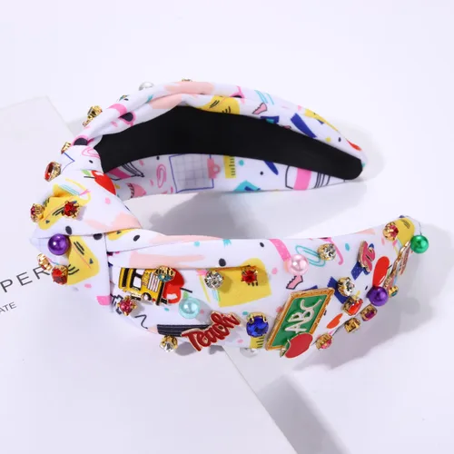 Vista 3 de boderier Diademas para profesoras para mujeres, diadema anudada de cristal perla, diadema de manzana, regalo de agradecimiento para el regreso a