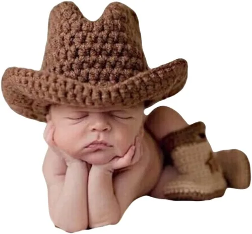 Vista 5 de Ropa de ganchillo para niños y niñas recién nacidos, sombrero de vaquero con zapatos, accesorios de fotografía, disfraz