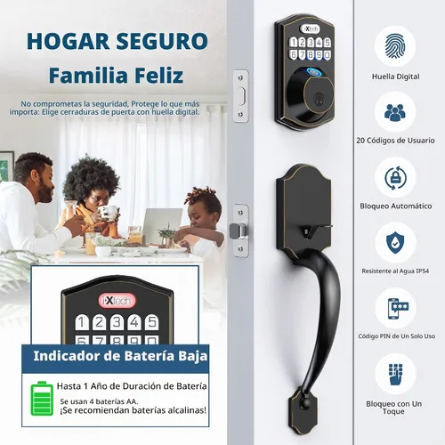 Vista 4 de IXTECH Juego de cerradura de puerta de huellas dactilares, cerrojo de cerradura de puerta de entrada sin llave con mango y 2 llaves, bloqueo Bronce