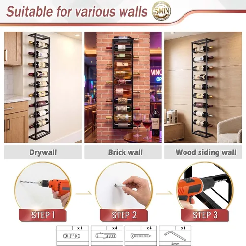 Vista 4 de Soporte para botellas de vino montado en la pared, estante para 10 botellas