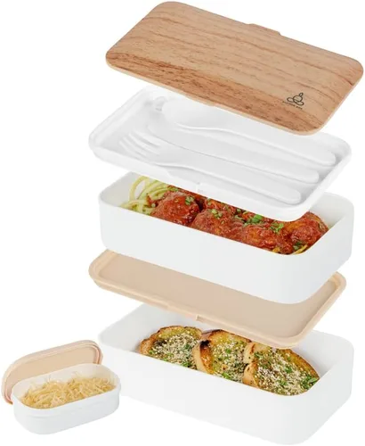 Vista 21 de Restaurantware -Bento Tek - Lonchera apilable de 40.5 onzas, 1 contenedor reutilizable para adultos – con utensilios, taza de salsa incluida, caja