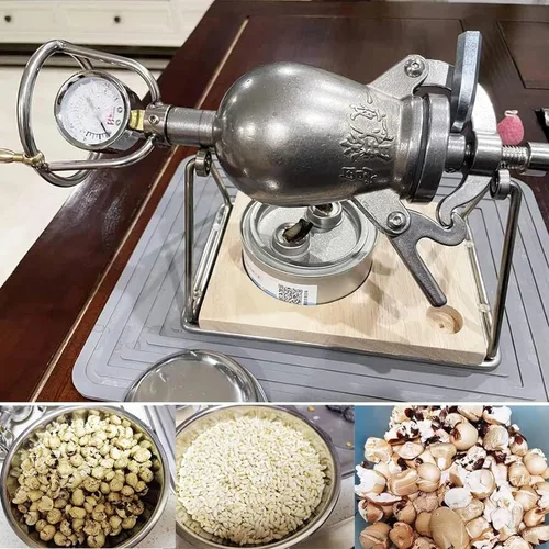 Vista 5 de Palomitas de maíz de acero inoxidable, manivela manual, máquina de alta presión, cañón de palomitas chinas para fiestas familiares (10.8 fl oz)