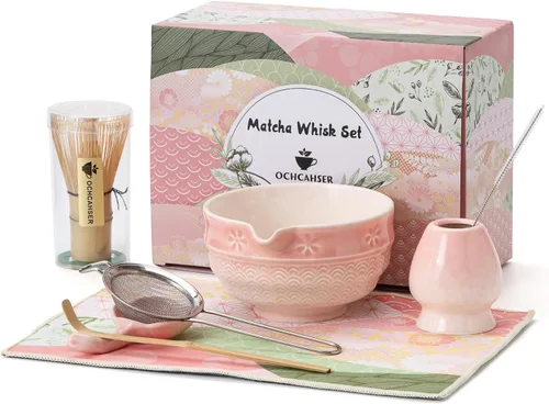 Vista 11 de Juego de té Matcha, kit japonés de 8 piezas con cuenco cerámico de diseño de flores de cerezo y olas, batidor de bambú, soporte para batidor