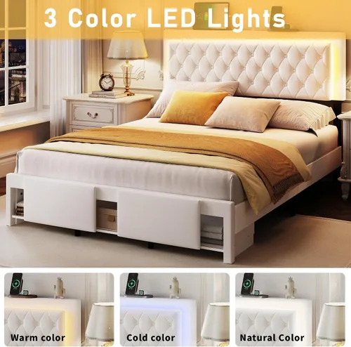 Vista 6 de Base de cama Queen con cabecera capitoné con botones, base de cama tapizada tamaño Queen con luces LED, estación de carga, almacenamiento