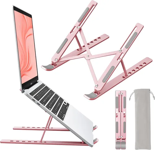 Vista 13 de Soporte para computadora portátil para escritorio, altura y ángulo ajustables, elevador portátil de aluminio para laptop y soporte para monitor