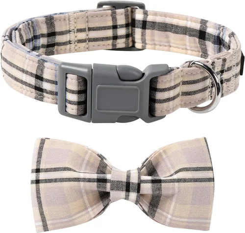Vista 17 de Lionet Paws Collar para perro y gato con corbata de moño, hebilla de plástico ajustable, collar de cuadrícula para perros pequeños, medianos