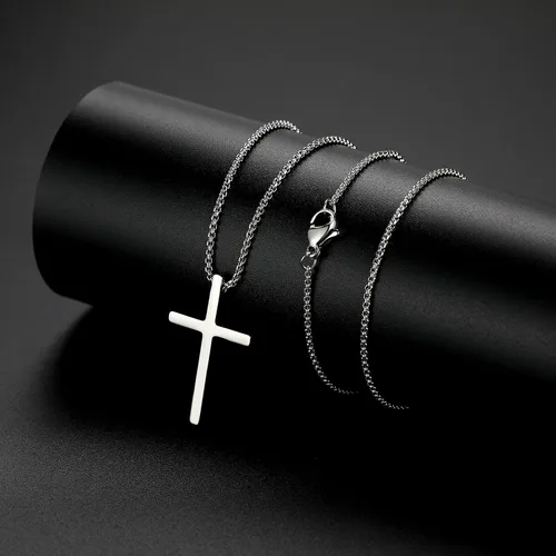 Vista 5 de Collar de cruz para mujeres y hombres, de acero inoxidable, chapado en oro de 18 quilates, cadena de caja con colgante de cruz negra, plata simple