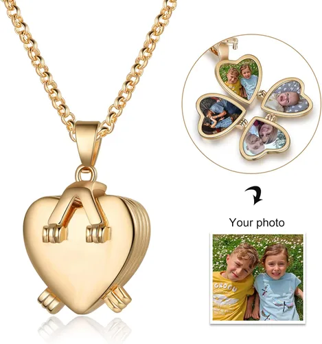Vista 2 de Jewelstruck Collar con medallón de corazón personalizado actualizado, medallón dorado con imagen personalizada para mujeres, mamá, hija, colgante