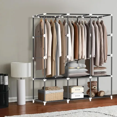 Vista 4 de LOKEME Armario portátil, armarios portátiles para colgar ropa con 3 varillas para colgar y 6 estantes de almacenamiento y 4 bolsillos laterales