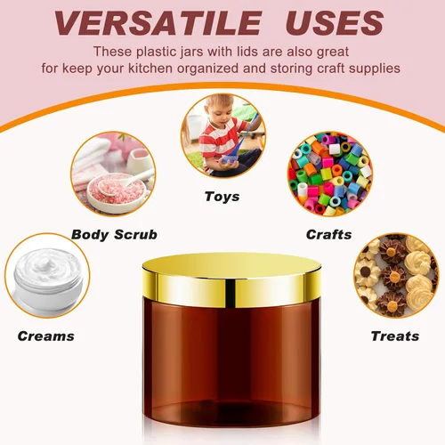 Vista 6 de Dandat Recipiente de plástico ámbar con tapa dorada de 6 onzas con tapa y etiqueta, rellenable, redondo, vacío, para muestras cosméticas