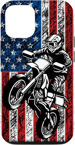 Vista 26 de Funda vintage con bandera estadounidense para iPhone 16 Motocross Dirt Bike
