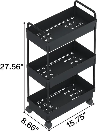 Vista 8 de Buzowruil Carrito de almacenamiento rodante de 3 niveles, organizador de estantería móvil, carrito utilitario con ruedas para cocina, baño, Negro