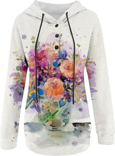 Vista 2 de Shusuen Sudaderas con capucha con estampado casual para mujer, sudaderas de manga larga con cordón, ropa de otoño con bolsillo