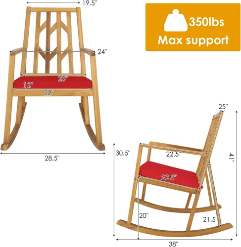 Vista 3 de Tangkula Mecedora de madera de acacia para patio, con cojín extraíble de alta densidad, resistente a todo tipo de clima, base equilibrada, perfecta