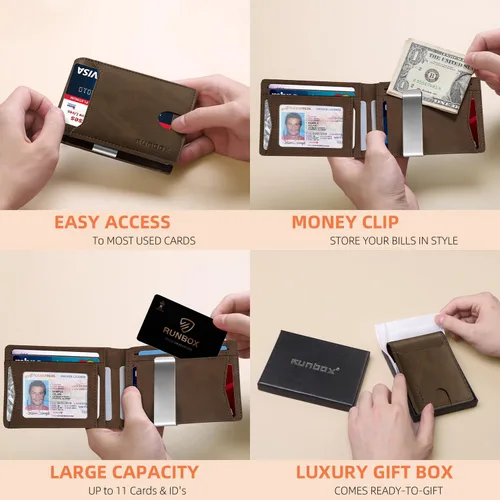 Vista 136 de RUNBOX - Carteras delgadas para hombre, cartera de piel con pinza para el dinero, cartera de bolsillo frontal con bloqueo RFID, tarjetero