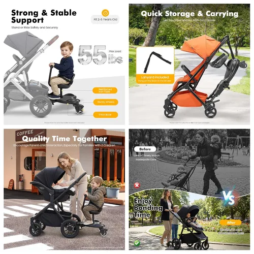 Vista 6 de Tabla para cochecito, tabla de montar de hierro de PVC para niños pequeños, plataforma de pie y sentado, conector ajustable, capacidad de 55 libras