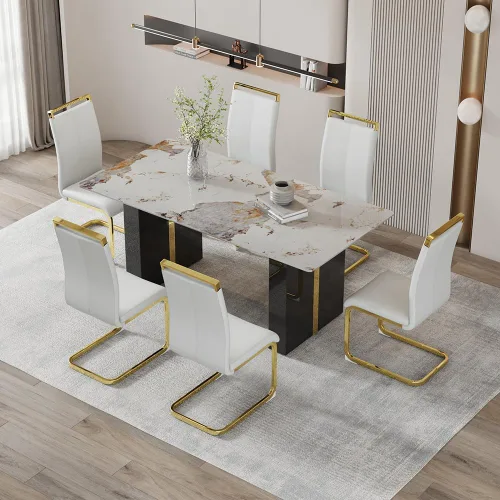 Vista 13 de Mesa de comedor moderna para mesa de comedor de mármol sintético blanco de 6, 8, 71 pulgadas, con patas negras y doradas, mesa de cocina rectangular
