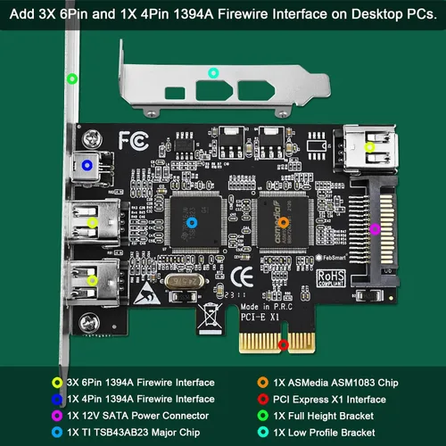Vista 2 de Tarjeta de expansión PCIE Firewire 400 1394A de 4 puertos, Texas Instruments TI TSB43AB23, Plug and Play en PC de escritorio Windows y MAC, 3