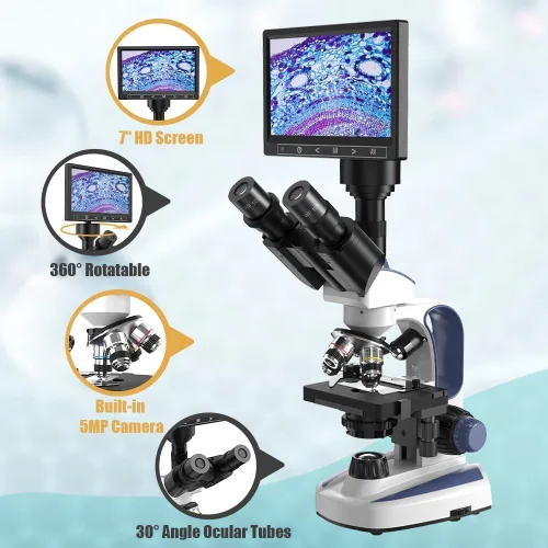 Vista 2 de Vitano Microscopio trinocular compuesto de laboratorio con aumento 40X-2500X, microscopio de doble visión para adultos estudiantes con pantalla de 7