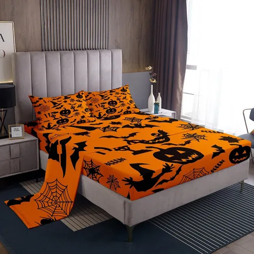 Vista 14 de Erosebridal Sábanas de Halloween para niños y niñas, juego de sábanas espeluznantes de dibujos animados, tamaño individual, juego de ropa de cama