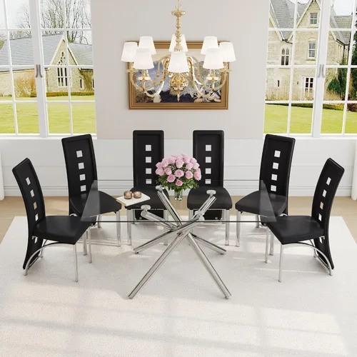 Vista 18 de Juego de mesa de comedor moderna para mesa de comedor negra de 4,63 pulgadas, juego de 4 con patas de metal dorado, mesa de cocina rectangular