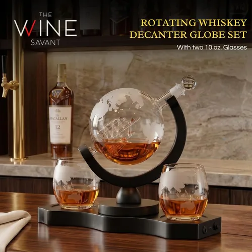 Vista 2 de Juego de decantador de whisky con globo giratorio y 2 vasos para whisky grabados - Regalos para hombres, papá, aniversario, cumpleaños, inauguración