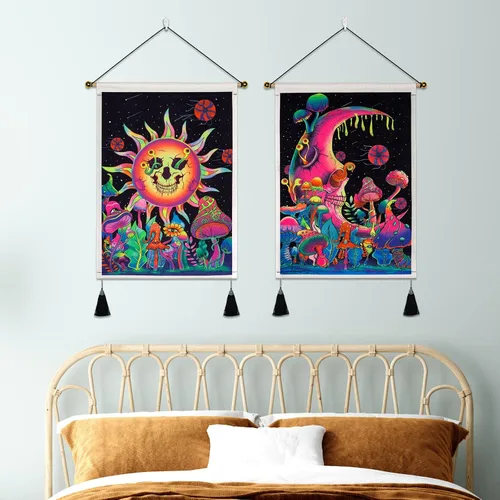 Vista 4 de Leofanger Paquete de 2 tapices de luz negra, sol y luna, reactivo a los rayos UV, de calavera de neón, tapiz floral de plantas coloridas, tapiz