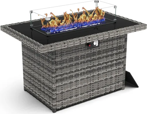 Vista 2 de Mesa para fogón de gas propano de 44 pulgadas para patio exterior, fogón rectangular al aire libre de mimbre de ratán de 60000 BTU con protector