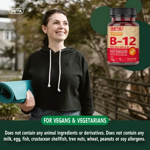 Vista 7 de DEVA Suplemento vegano de disolución rápida de vitamina B12, complejo una vez al día con 1000 Mcg de metilcobalamina B12, ácido fólico, B6 - Sabor a