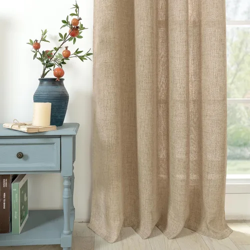 Vista 8 de Cortinas de Lino Toffee de 63 Pulgadas de Largo para Sala de Estar/Dormitorio, Arpillera Gruesa Texturizada Filtrado de Luz No Transparente