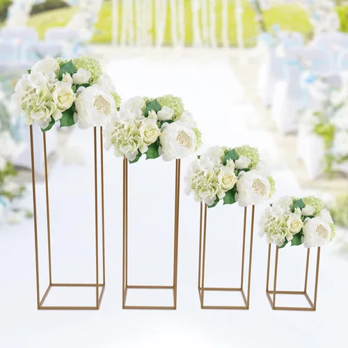 Vista 10 de 10 soportes dorados para flores de boda, jarrón geométrico rectangular, soporte de columna de metal, columnas para decoración del hogar, eventos