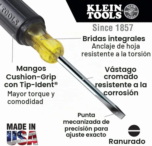 Vista 5 de Klein Tools 85808 - Juego de 8 piezas de destornilladores, fabricado en EE. UU., puntas mecanizadas de precisión, (4) Phillips, (3) ranuradas