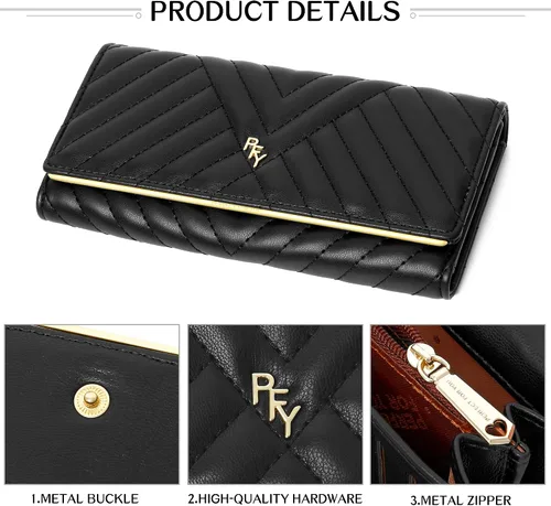 Vista 4 de FEITH&FELLY Cartera de mujer de gran capacidad de piel sintética para mujer, bolso de viaje con triple pliegue, Negro -, Classic