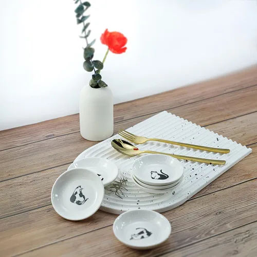 Vista 6 de Lindos platos de cerámica para salsas de gato de caballero, divertidos platos de condimentos para gatos de caricatura, cuencos de sushi y soja