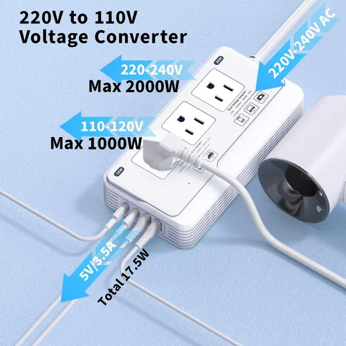 Vista 4 de Convertidor de voltaje de 2000 W 220 V a 110 V de EE. UU. a Europa para secadores de pelo, combo de adaptador de convertidor de corriente 7 en 1