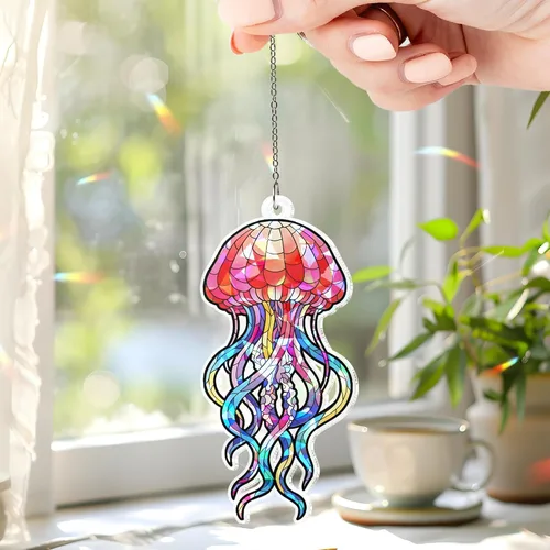 Vista 4 de ThangPhamShop - Adorno de holograma de cristal roto con forma personalizada para amantes de las medusas - Adorno con tema de medusas