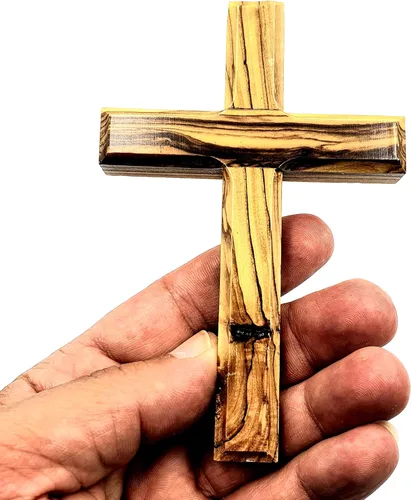 Vista 7 de Cruz de pared de madera de olivo de Zuluf de Belén 12 cm Hecha a mano, decoración cristiana y católica, regalo navideño para colgar en la pared