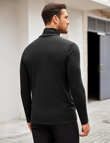 Vista 3 de COOFANDY Camisetas de manga larga con cuello alto para hombre, ajustadas, acanaladas, básicas, suéter de punto ligero