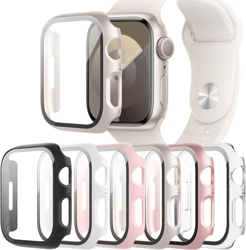 Vista 8 de Paquete de 6 fundas con protector de pantalla de cristal templado compatibles con Apple Watch Series SE, 6, 5, 4, cubierta protectora dura