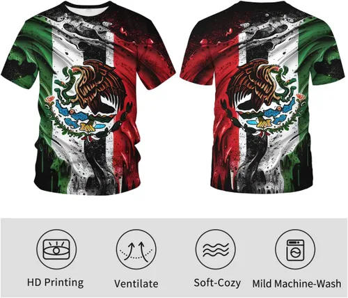 Vista 5 de Camiseta patriótica con la bandera de México para hombre, diseño de águila, colorido, gráfico, verano, manga corta