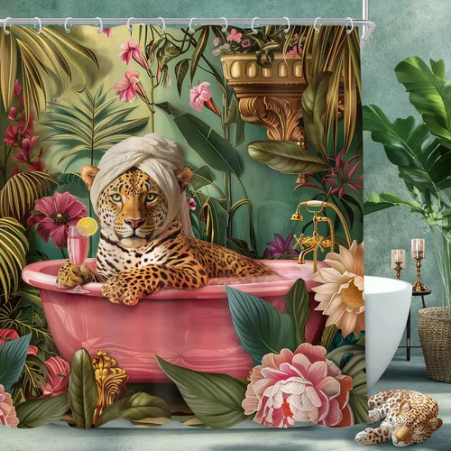 Vista 8 de Juego de cortina de ducha de baño con diseño de leopardo y guepardo rosa A-01pink leopardo verde