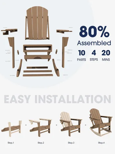 Vista 5 de KINGYES Silla mecedora Adirondack con otomano retráctil y portavasos, silla reclinable de patio Adirondack de HDPE para porche, patio, balcón, Teca