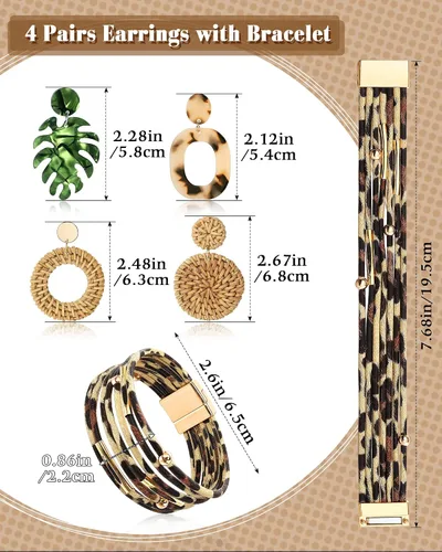 Vista 3 de Hicarer Juego de aretes de playa con 4 aretes tropicales bohemios de ratán y pulsera de leopardo