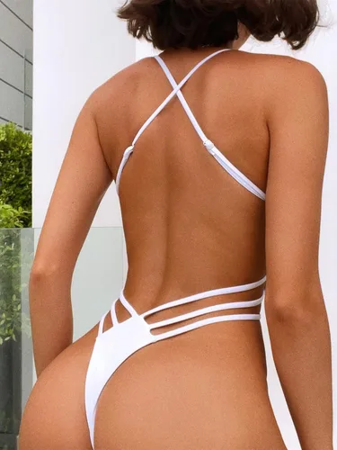Vista 2 de OYOANGLE Traje de baño de una pieza con cuello redondo y espalda cruzada para mujer