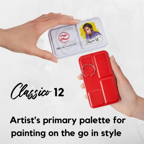 Vista 2 de ZenART - Pintura de acuarela profesional, no tóxica, juego de 12 medias bandejas en paleta de lata de metal, juego de acuarelas de viaje portátil