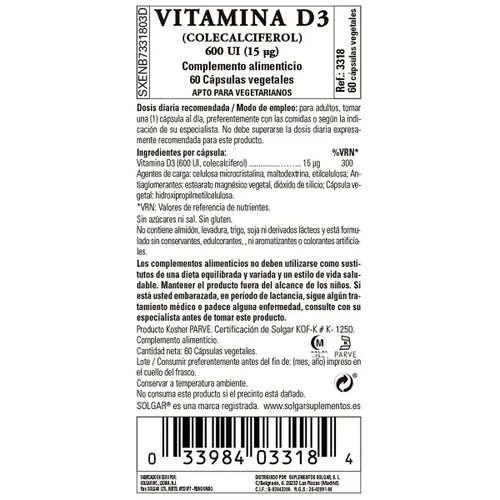 Vista 6 de Vitamina D3 (Colecalciferol) Solgar 600 iu 60 Cápsulas
