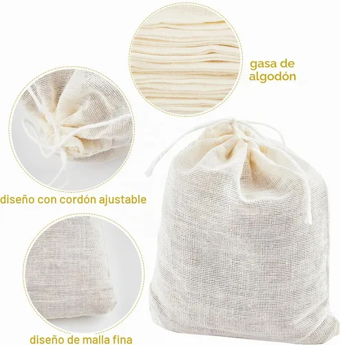 Vista 3 de TUZAZO Bolsas de Té Reutilizables - Paquete de 24 Bolsas de Gasa de Algodón Natural Sin Blanquear de Muselina Tipo Saquito para Colar Café Té e