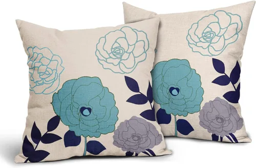Vista 28 de Sweetshow Juego de 2 fundas de almohada florales de color azul marino de 16 x 16 pulgadas, fundas de almohada cuadradas de lino con estampado